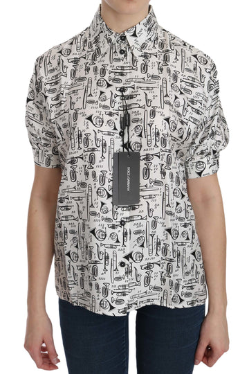 Dolce & Gabbana White Musical Instrument Collared Blouse Shirt - Whispers Of Wisdom Clothing