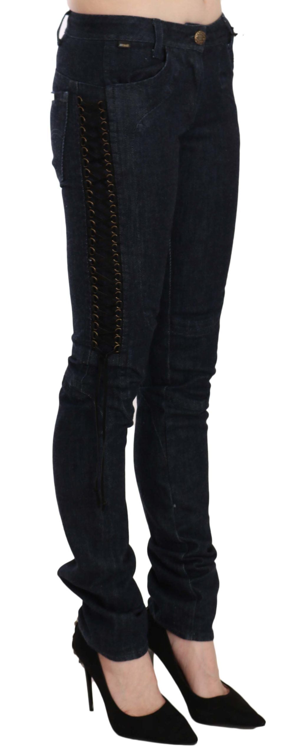 Just Cavalli Blue Low Waist Skinny Trousers Braided String Pants - Whispers Of Wisdom Clothing
