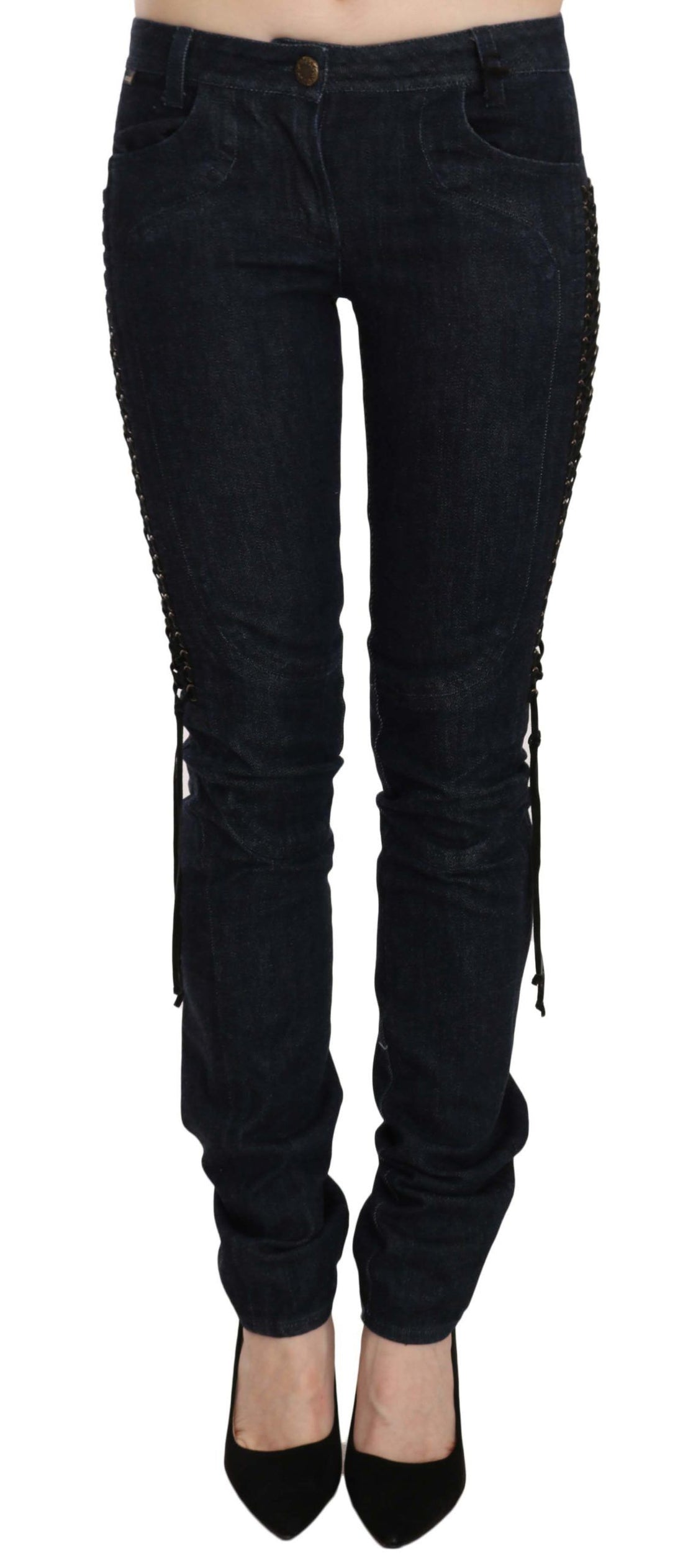 Just Cavalli Blue Low Waist Skinny Trousers Braided String Pants - Whispers Of Wisdom Clothing
