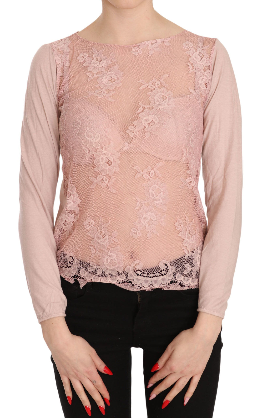 PINK MEMORIES Pink Lace See Through Long Sleeve Top Blouse - Whispers Of Wisdom Clothing