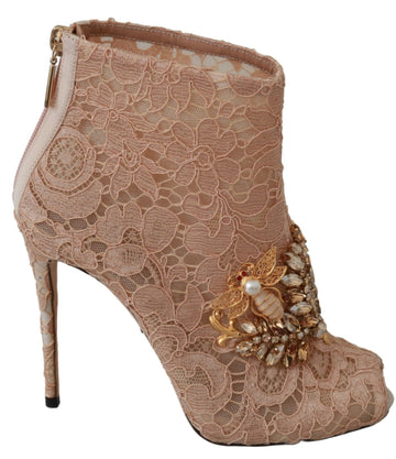 Dolce & Gabbana Pink Crystal Lace Booties Stilettos Shoes - Whispers Of Wisdom Clothing