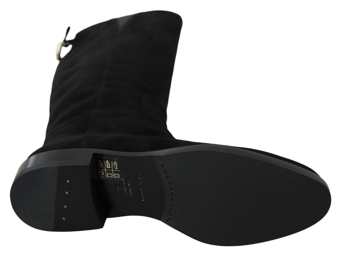 Dolce & Gabbana Black Suede Knee High Flat Boots Shoes - Whispers Of Wisdom Clothing