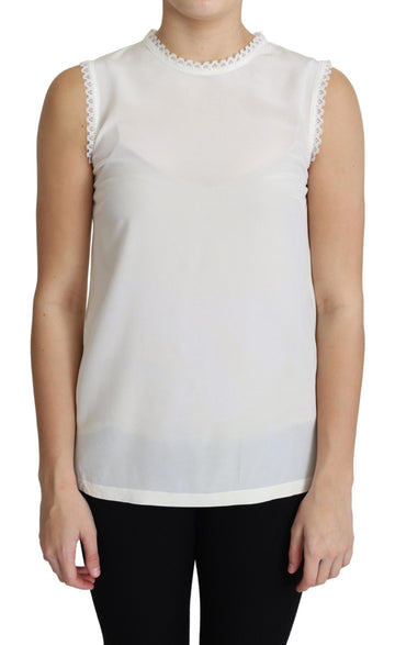Dolce & Gabbana White Blouse Silk Lace Trimmed Sleeveless Top - Whispers Of Wisdom Clothing
