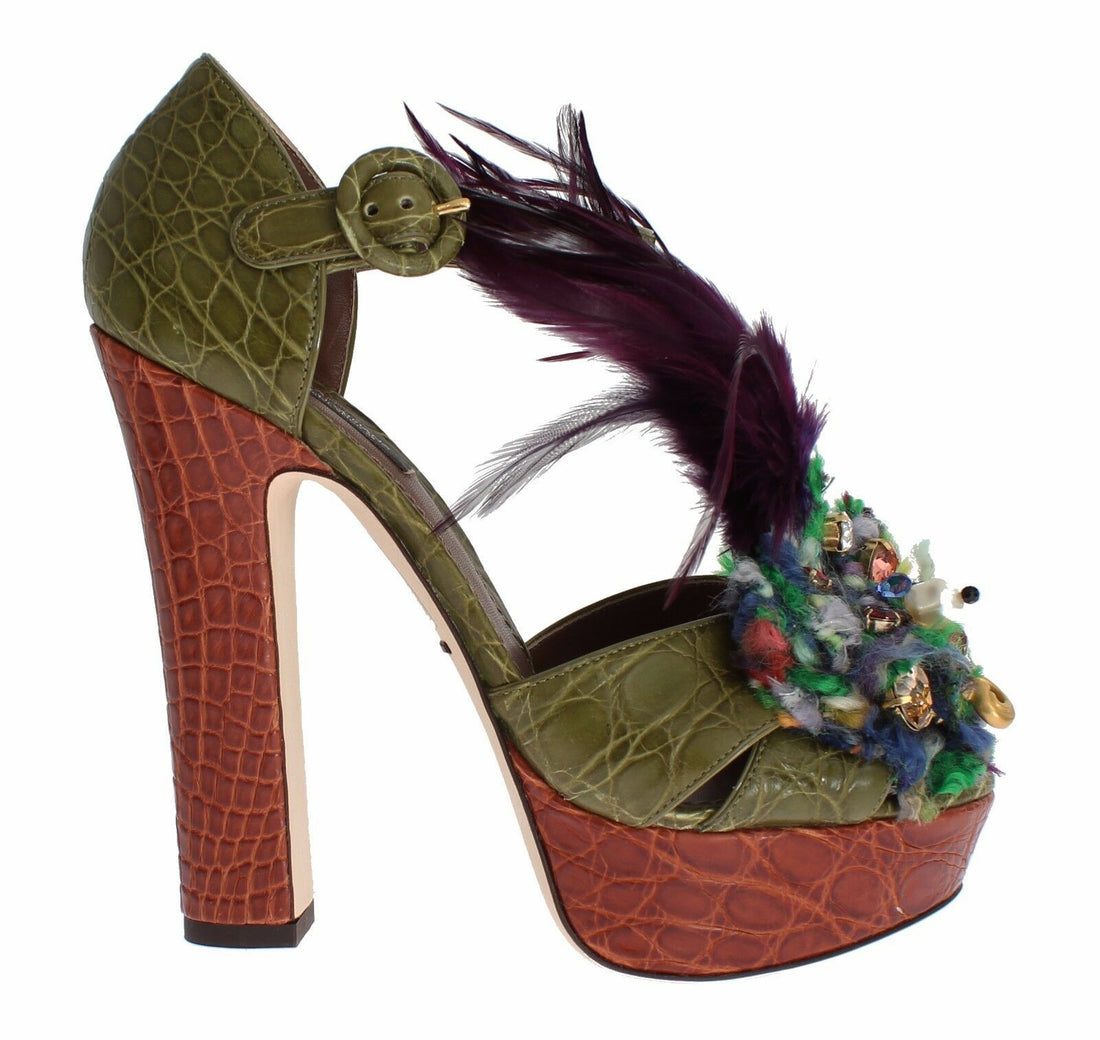 Dolce & Gabbana Green Leather Crystal Platform Sandal Shoes - Whispers Of Wisdom Clothing
