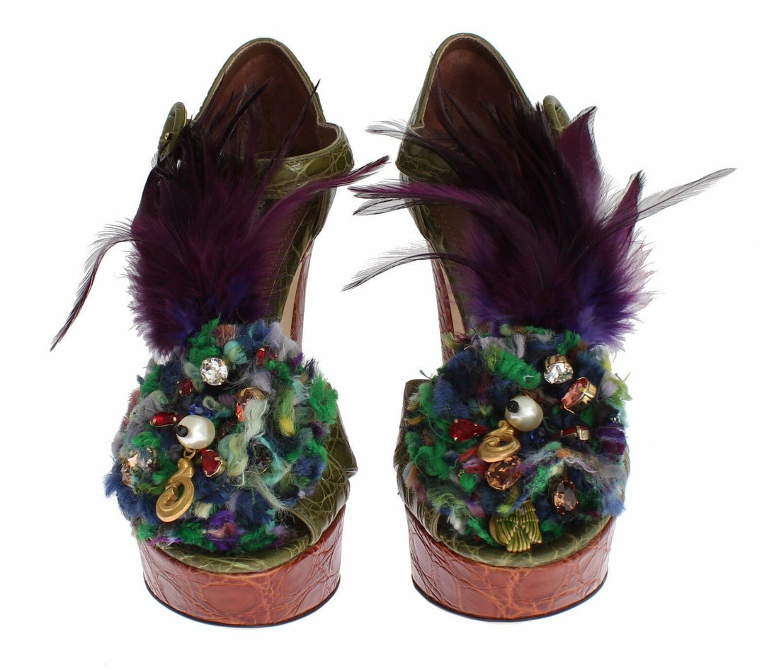 Dolce & Gabbana Green Leather Crystal Platform Sandal Shoes - Whispers Of Wisdom Clothing
