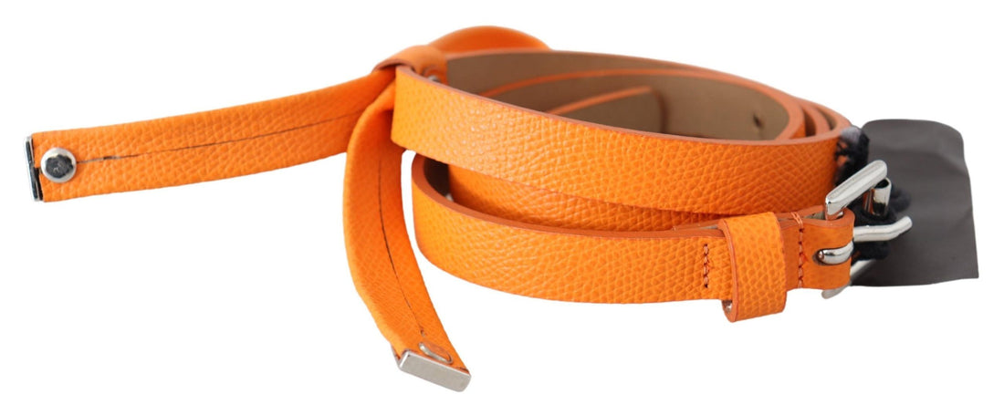 Scervino Street Orange Tangerine Leather Slim Silver Metal Buckle Belt - Whispers Of Wisdom Clothing