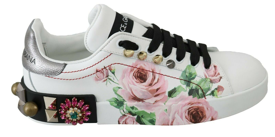 Dolce & Gabbana White Leather Crystal Roses Floral Sneakers Shoes - Whispers Of Wisdom Clothing