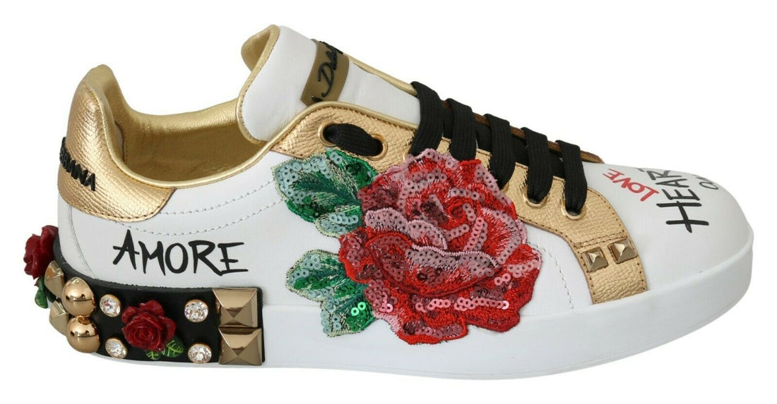 Dolce & Gabbana White Roses Sequined Crystal Womens Sneakers Shoes - Whispers Of Wisdom Clothing