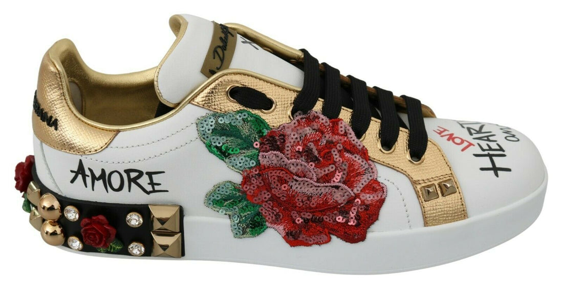 Dolce & Gabbana White Roses Sequined Crystal Womens Sneakers Shoes - Whispers Of Wisdom Clothing