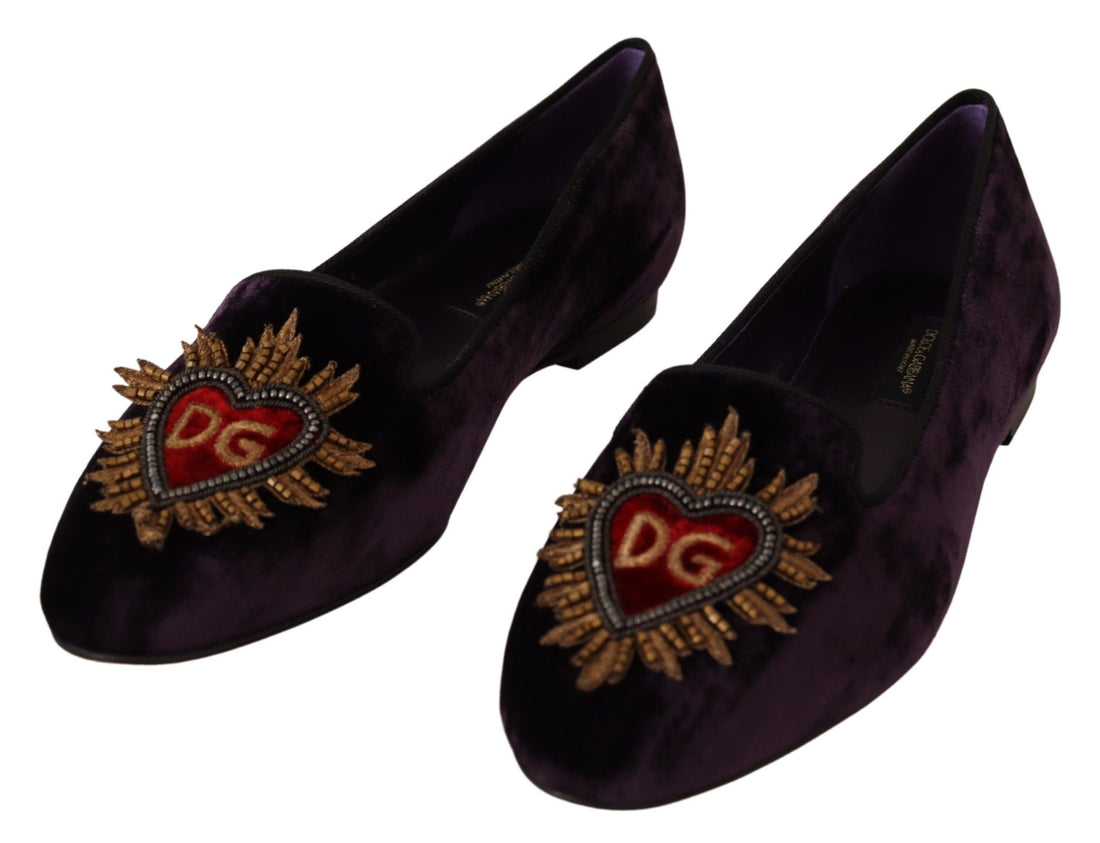 Dolce & Gabbana Purple Velvet DG Heart Loafers Flats Shoes - Whispers Of Wisdom Clothing