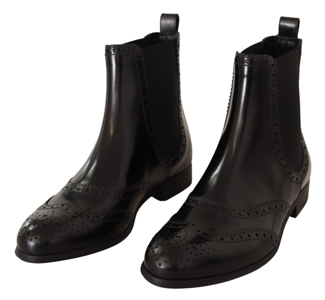 Dolce & Gabbana Black Leather Ankle High Flat Boots Shoes - Whispers Of Wisdom Clothing