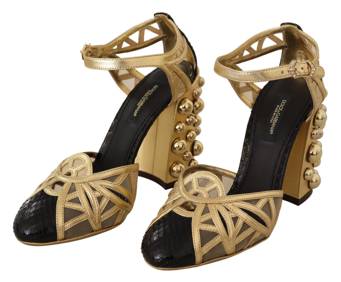 Dolce & Gabbana Black Gold Leather Studded Ankle Straps Shoes - Whispers Of Wisdom Clothing