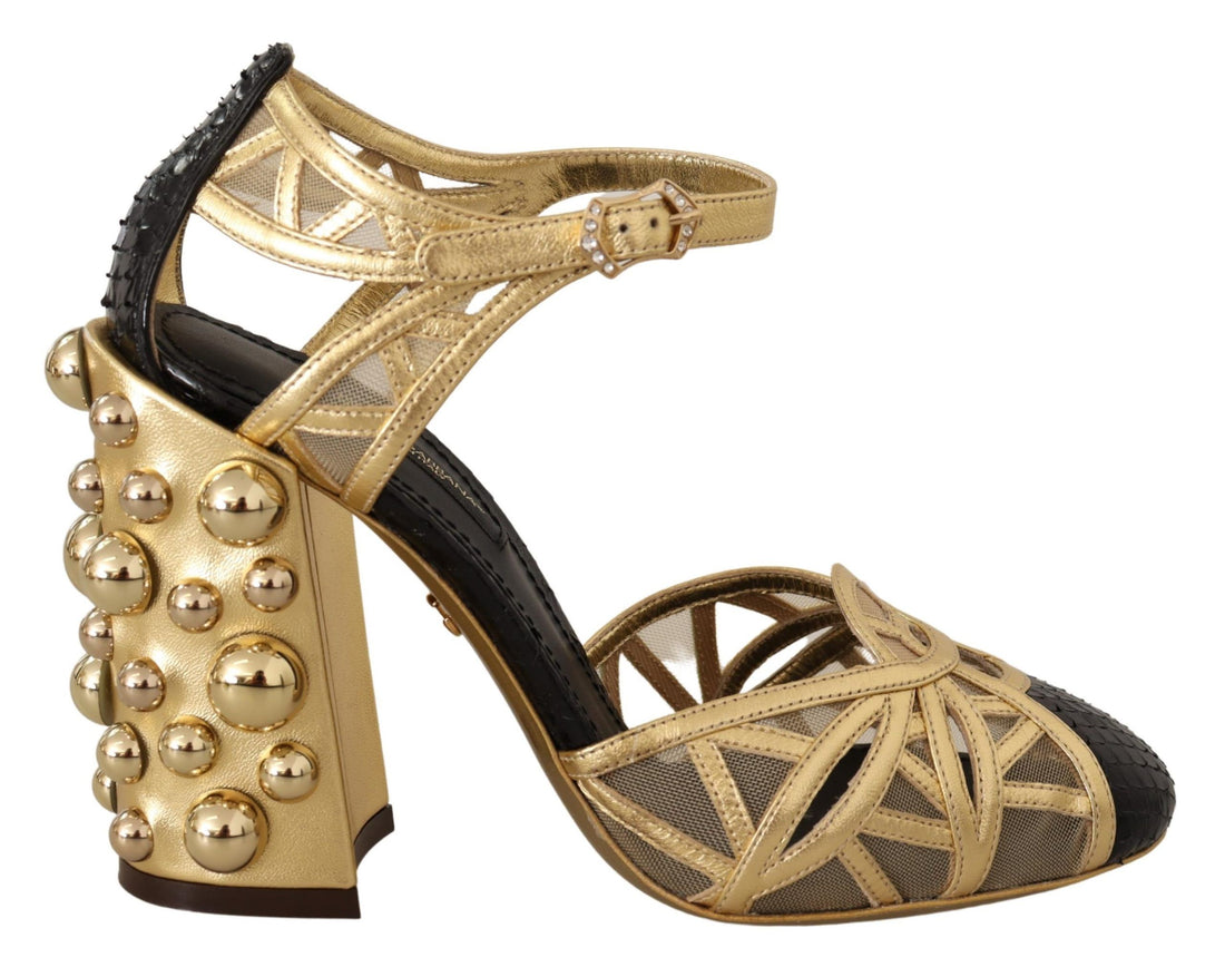 Dolce & Gabbana Black Gold Leather Studded Ankle Straps Shoes - Whispers Of Wisdom Clothing