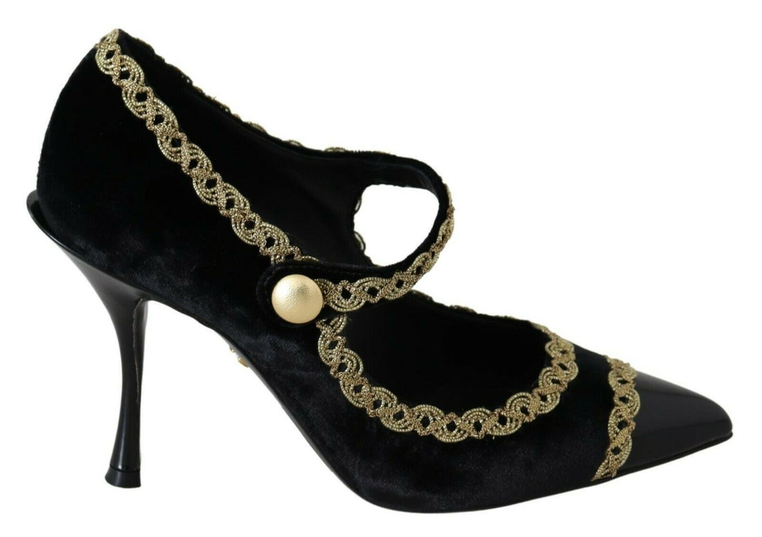 Dolce & Gabbana Black Embellished Velvet Mary Jane Pumps Shoes - Whispers Of Wisdom Clothing