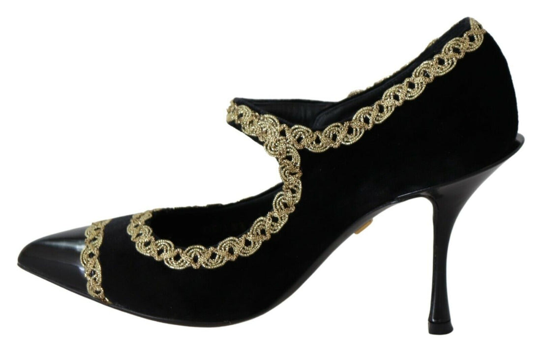 Dolce & Gabbana Black Embellished Velvet Mary Jane Pumps Shoes - Whispers Of Wisdom Clothing