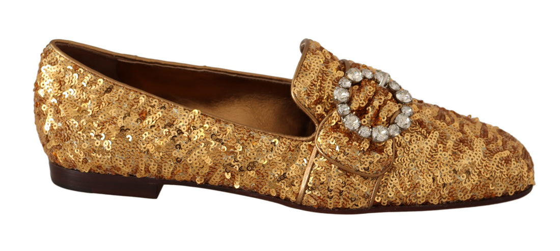 Dolce & Gabbana Gold Sequin Crystal Flat Women Loafers Shoes - Whispers Of Wisdom Clothing
