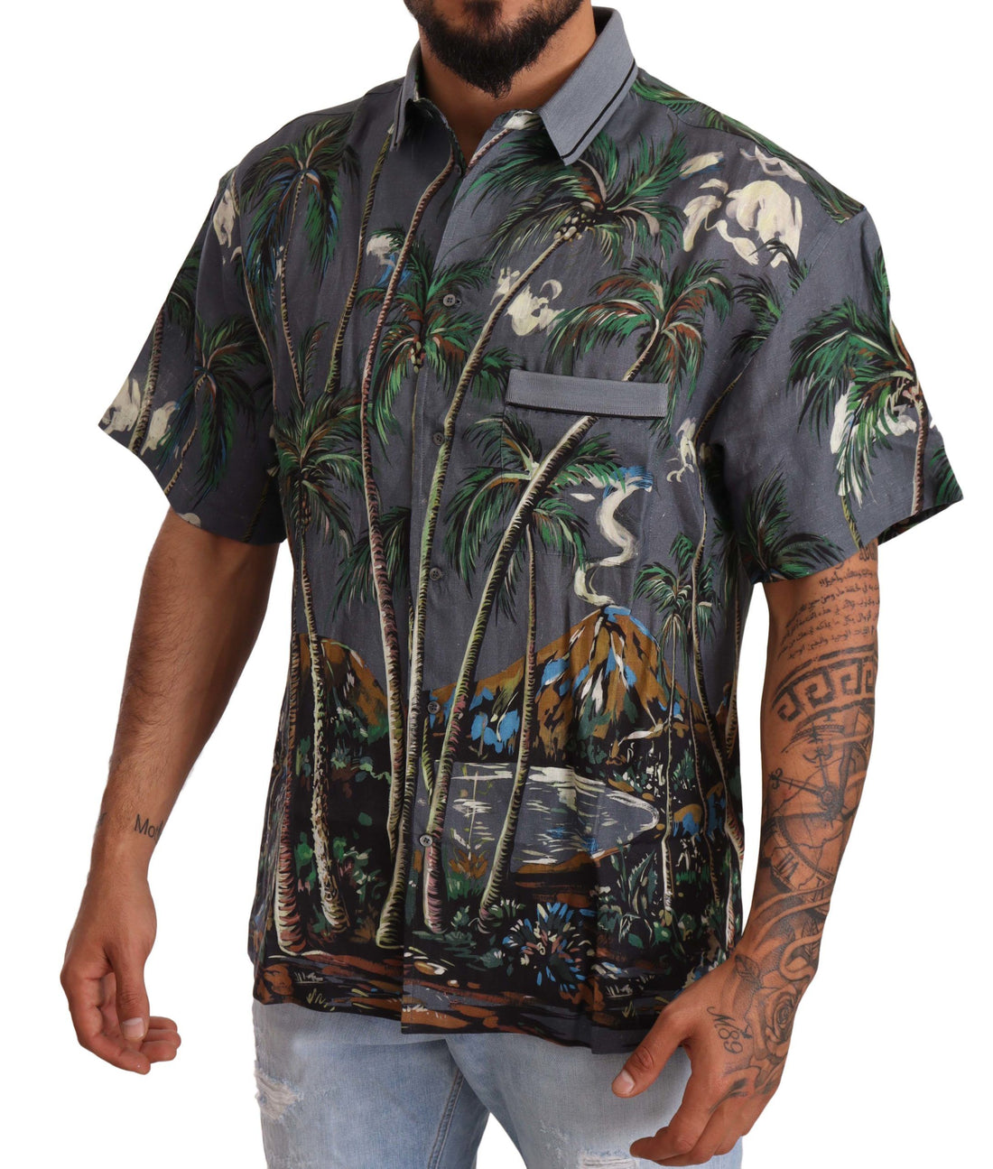 Dolce & Gabbana Gray Linen Tropical Print Collared Shirt - Whispers Of Wisdom Clothing