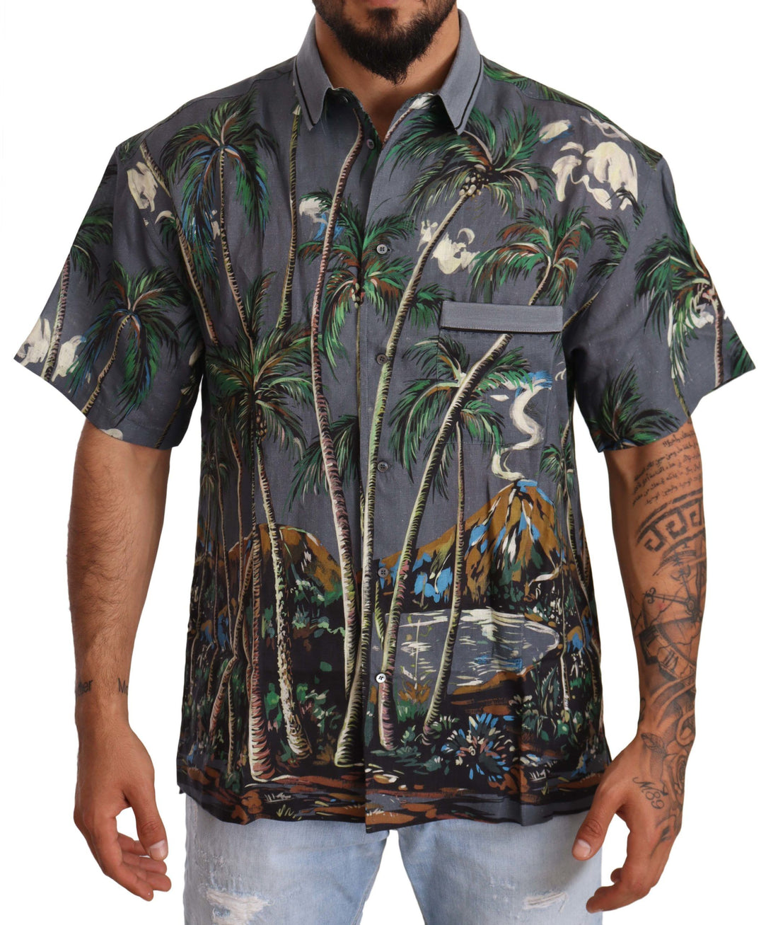 Dolce & Gabbana Gray Linen Tropical Print Collared Shirt - Whispers Of Wisdom Clothing