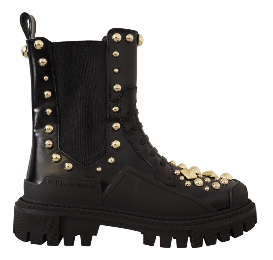 Dolce & Gabbana Black Leather Studded Combat Boots - Whispers Of Wisdom Clothing