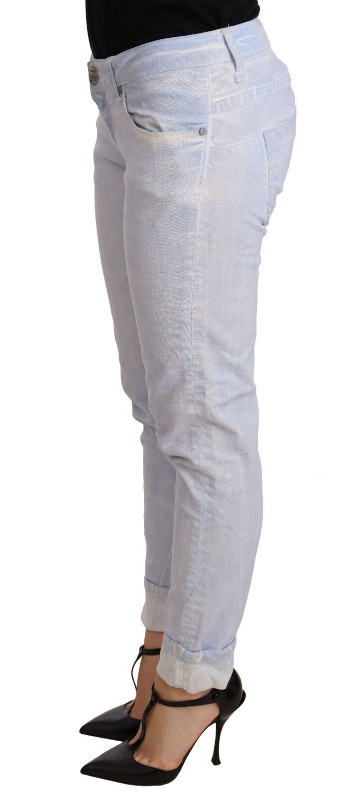 Acht Light Blue Cotton Folded Hem Denim Skinny Women Trouser Jeans - Whispers Of Wisdom Clothing