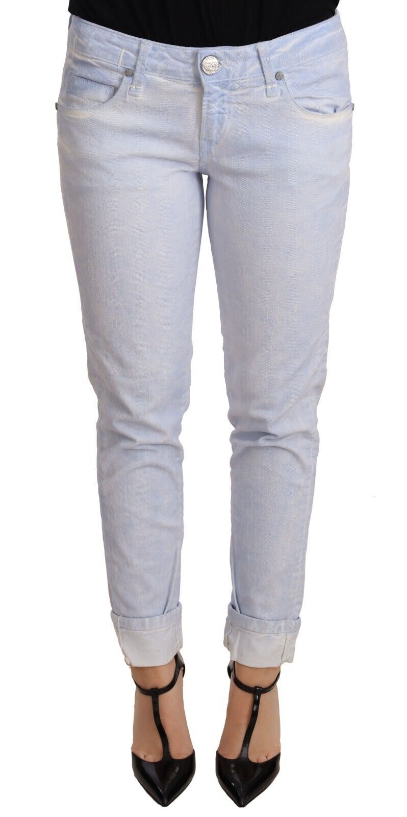 Acht Light Blue Cotton Folded Hem Denim Skinny Women Trouser Jeans - Whispers Of Wisdom Clothing