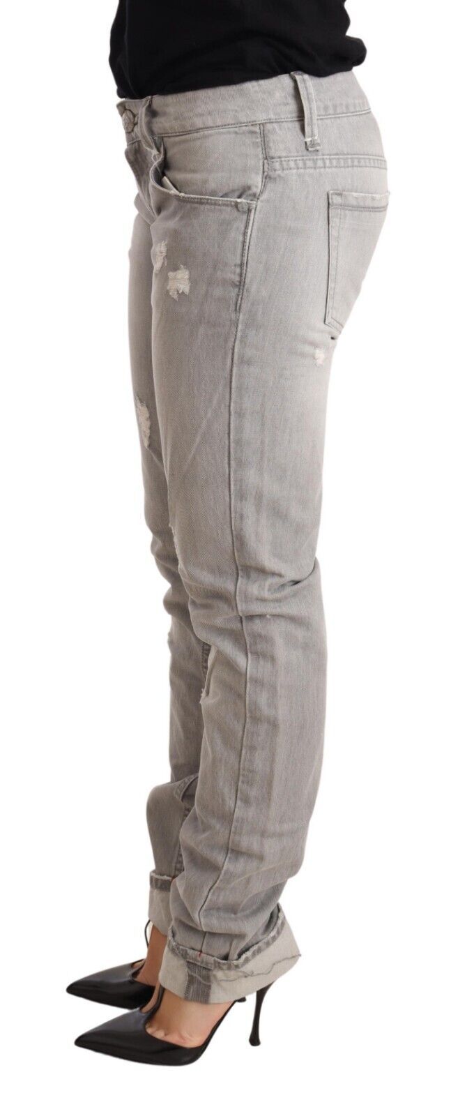 Acht Gray Tattered Cotton Slim Fit Folded Hem Women Denim Jeans - Whispers Of Wisdom Clothing