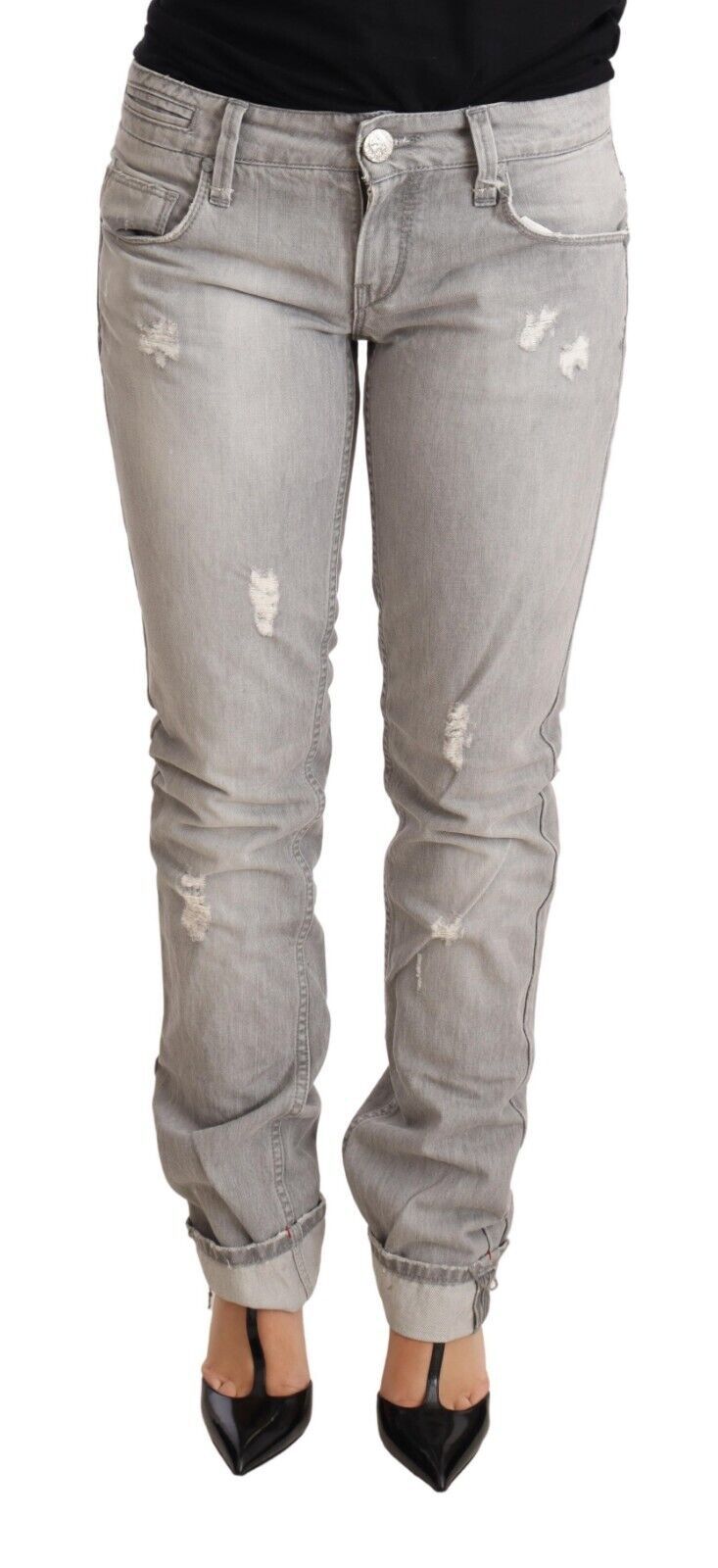 Acht Gray Tattered Cotton Slim Fit Folded Hem Women Denim Jeans - Whispers Of Wisdom Clothing