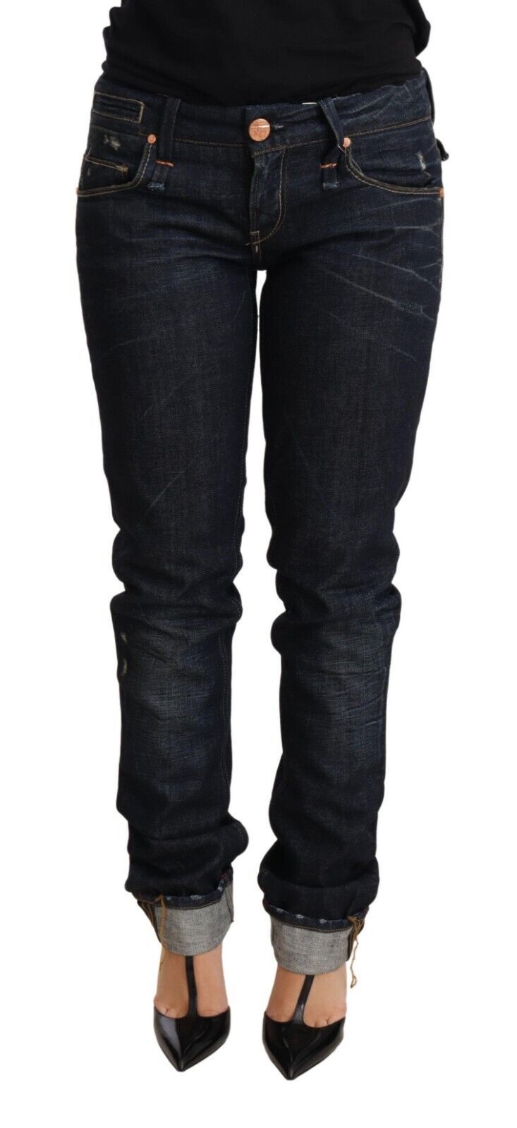 Acht Dark Blue Cotton Slim Fit Folded Hem Women Denim Trouser Jeans - Whispers Of Wisdom Clothing