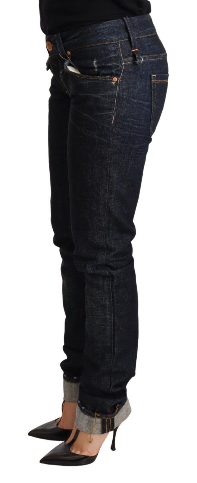Acht Dark Blue Cotton Slim Fit Folded Hem Women Denim Trouser Jeans - Whispers Of Wisdom Clothing