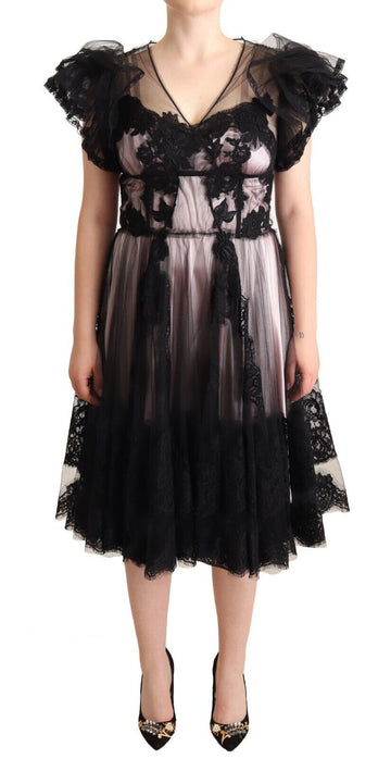 Dolce & Gabbana Black Pink Floral Lace A-line Midi Sheer Dress - Whispers Of Wisdom Clothing