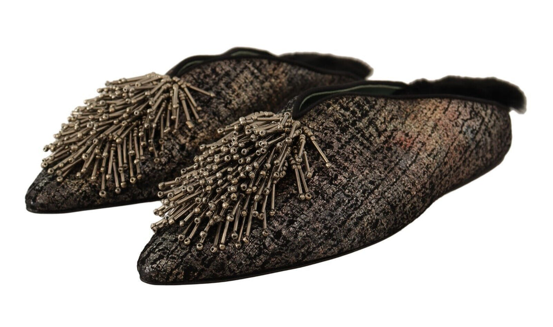 Paola D'Arcano Gold Jacquard Leather Embellished Slip On Shoes - Whispers Of Wisdom Clothing