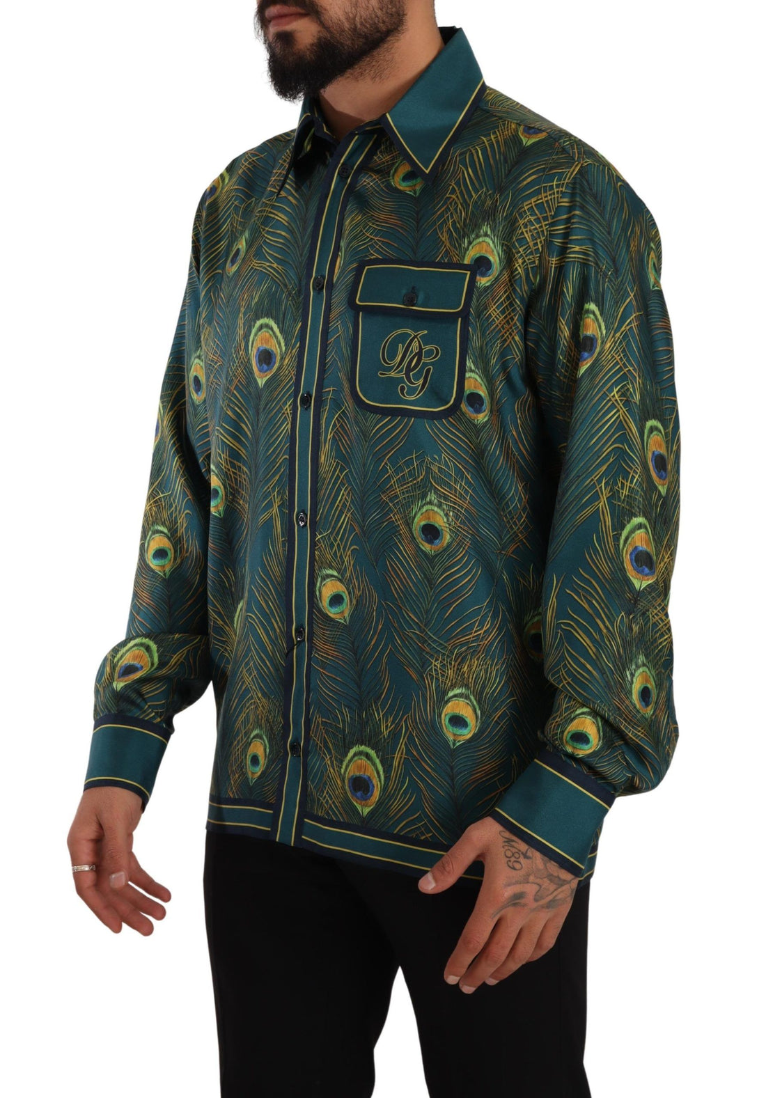 Dolce & Gabbana Peacock Feather Print Silk Pajama Mens Shirt - Whispers Of Wisdom Clothing