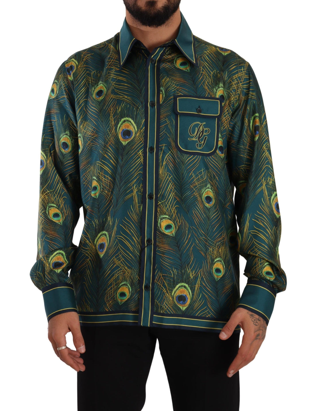 Dolce & Gabbana Peacock Feather Print Silk Pajama Mens Shirt - Whispers Of Wisdom Clothing