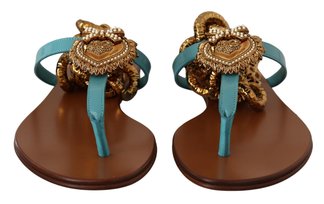 Dolce & Gabbana Blue Leather Devotion Flats Sandals - Whispers Of Wisdom Clothing