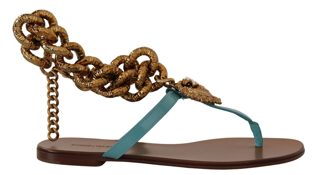 Dolce & Gabbana Blue Leather Devotion Flats Sandals - Whispers Of Wisdom Clothing