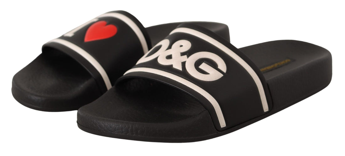 Dolce & Gabbana Black Leather I Love D&G Slides Sandals - Whispers Of Wisdom Clothing