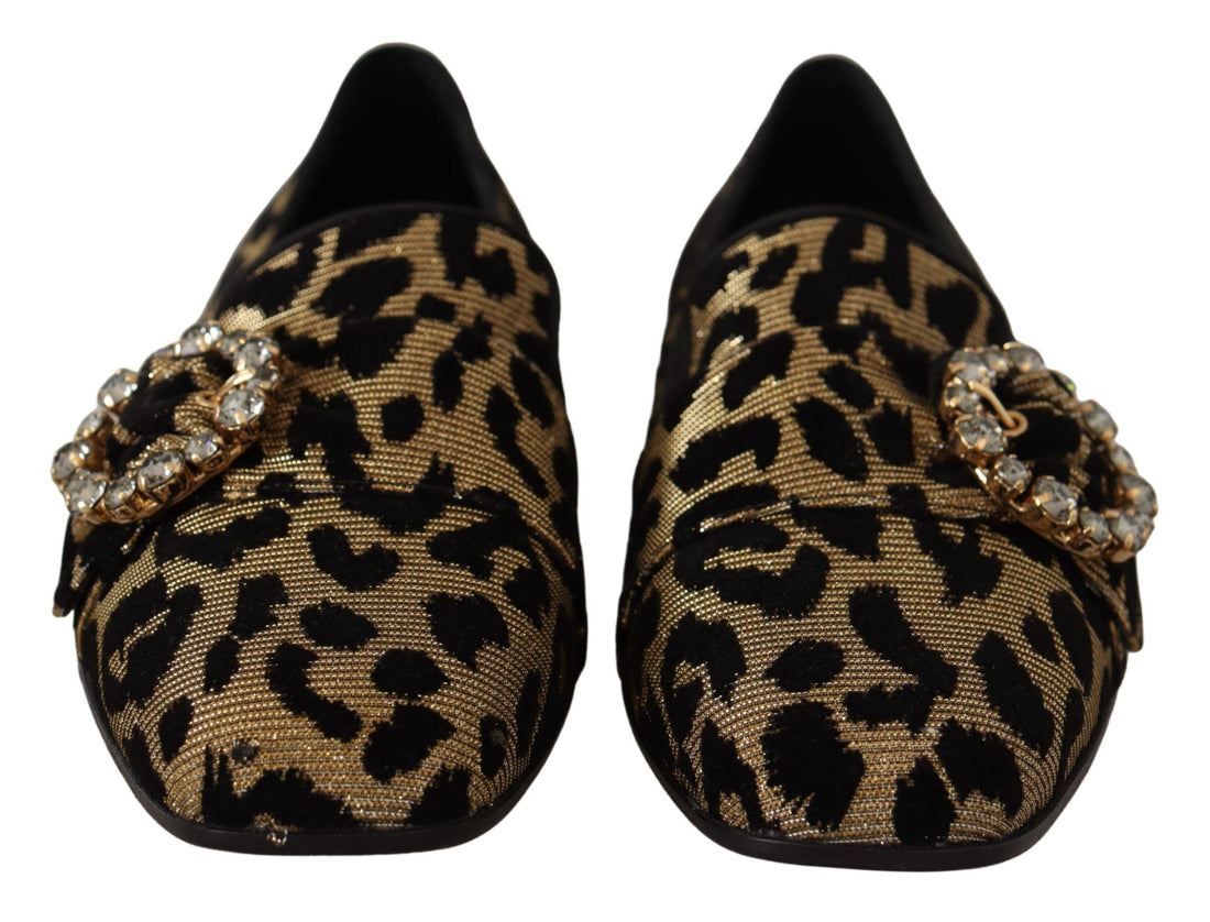Dolce & Gabbana Gold Leopard Print Crystals Loafers Shoes - Whispers Of Wisdom Clothing