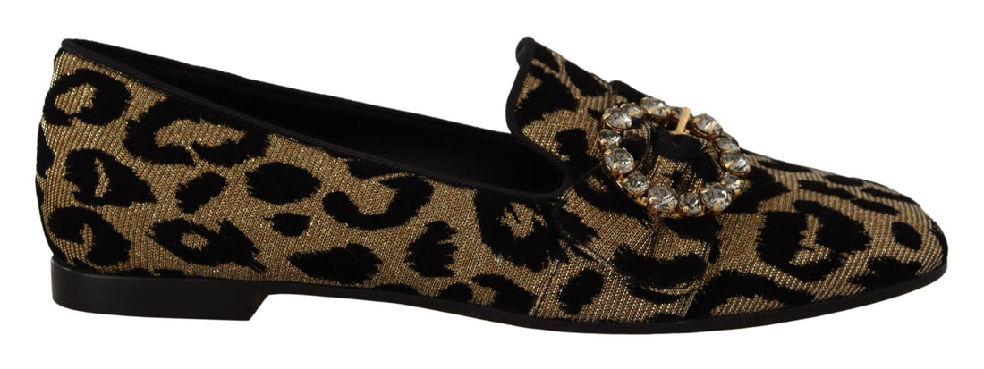 Dolce & Gabbana Gold Leopard Print Crystals Loafers Shoes - Whispers Of Wisdom Clothing