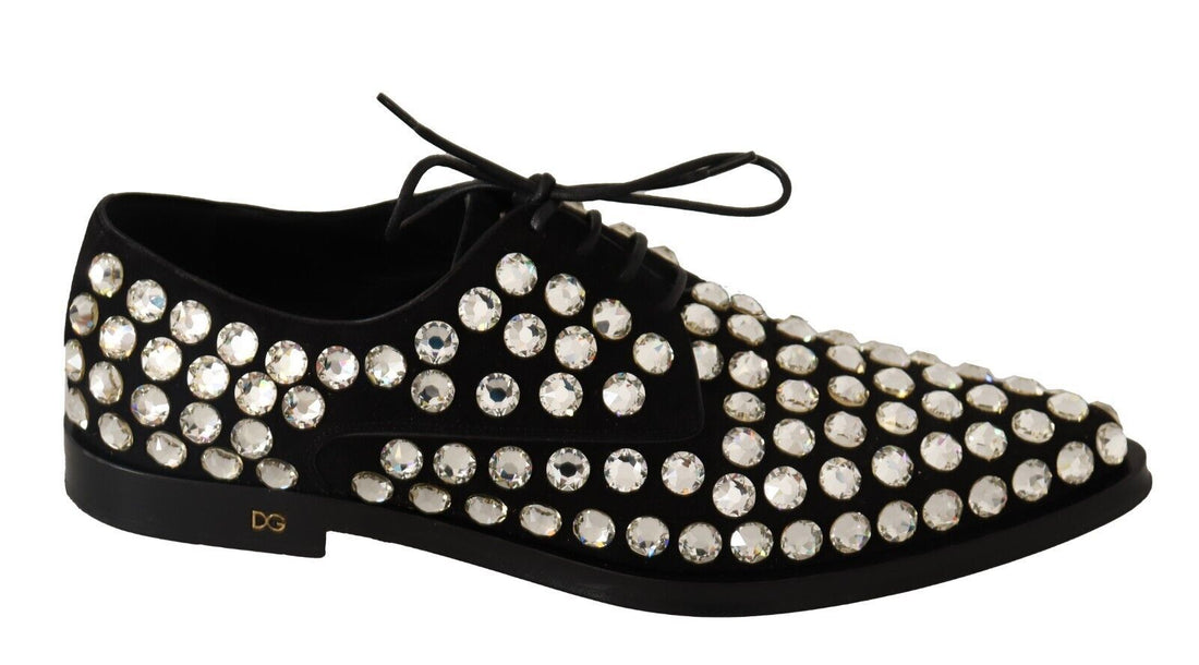 Dolce & Gabbana Black Leather Crystals Lace Up Formal Shoes - Whispers Of Wisdom Clothing