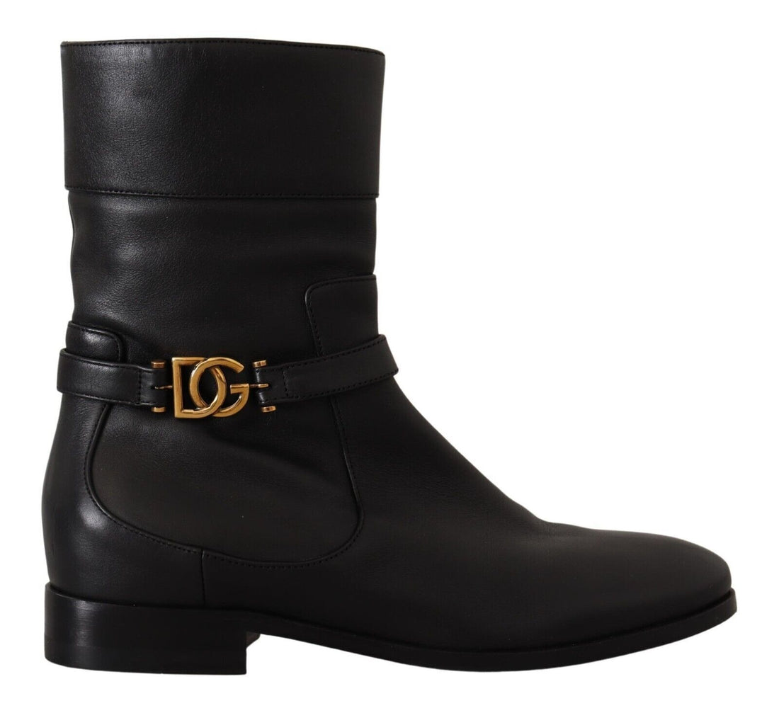 Dolce & Gabbana Black Leather Flats Logo Short Boots Shoes - Whispers Of Wisdom Clothing