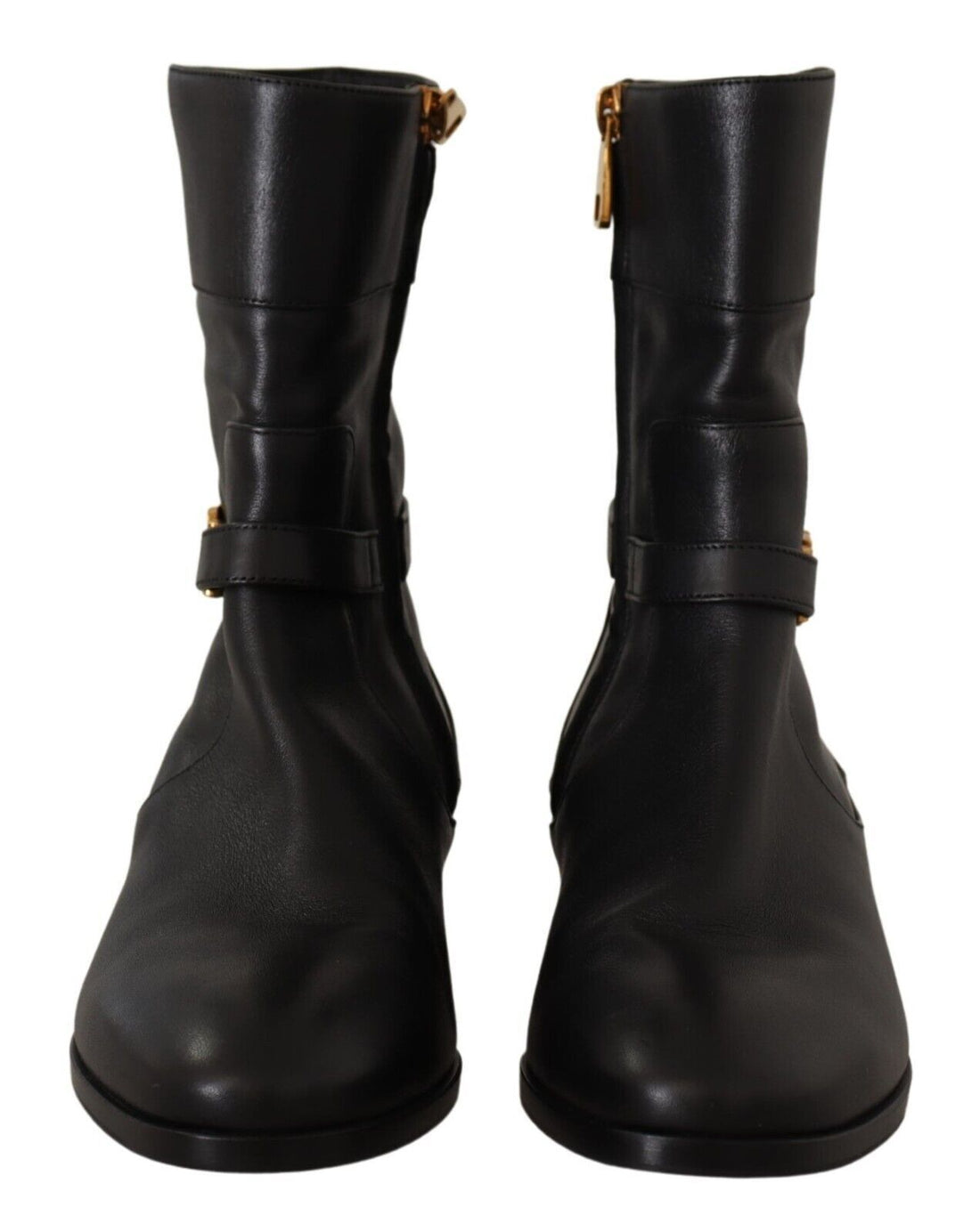 Dolce & Gabbana Black Leather Flats Logo Short Boots Shoes - Whispers Of Wisdom Clothing