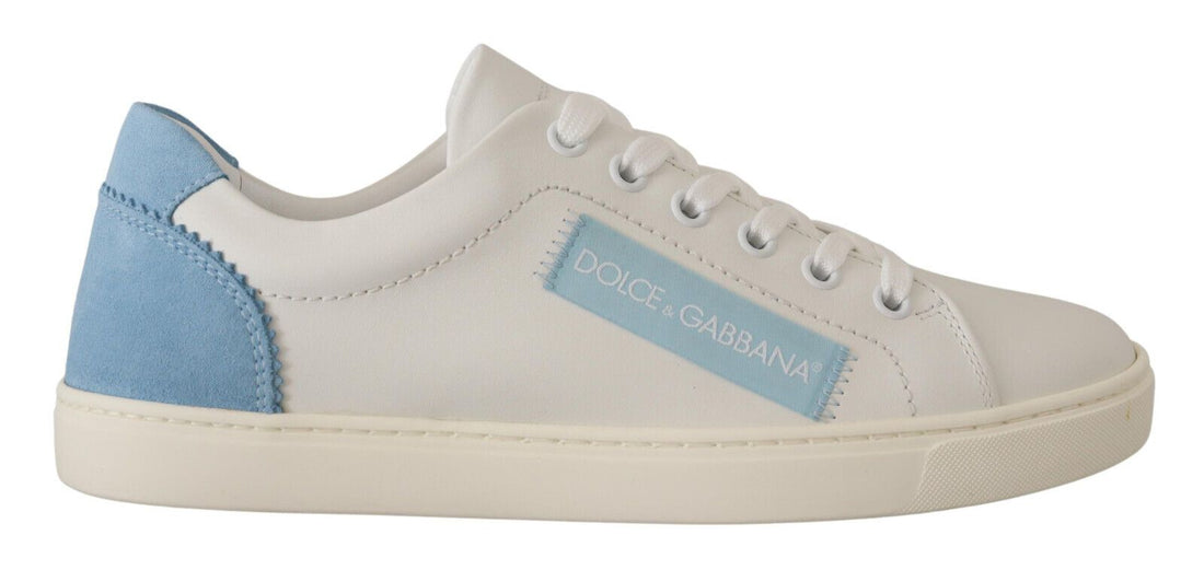 Dolce & Gabbana White Blue Leather Low Top Sneakers Shoes - Whispers Of Wisdom Clothing