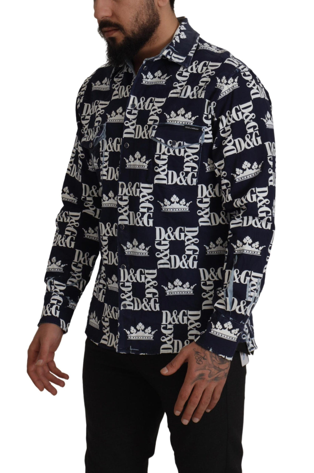 Dolce & Gabbana Blue Denim Stretch DG Crown Logo Casual Shirt - Whispers Of Wisdom Clothing