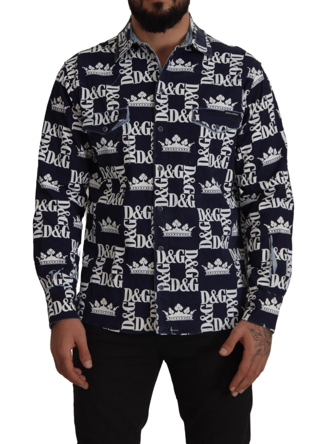 Dolce & Gabbana Blue Denim Stretch DG Crown Logo Casual Shirt - Whispers Of Wisdom Clothing