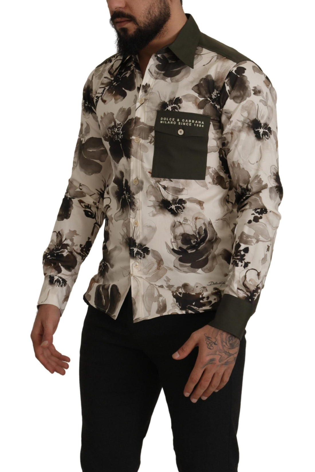 Dolce & Gabbana Green Beige Floral Cotton Stretch Exclusive Shirt - Whispers Of Wisdom Clothing