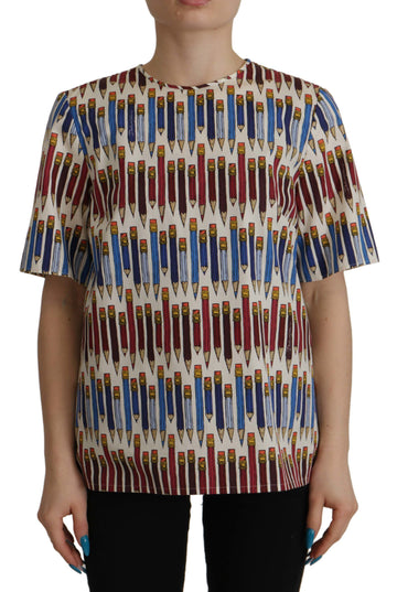 Dolce & Gabbana White Pencil Print Cotton T-shirt Blouse - Whispers Of Wisdom Clothing