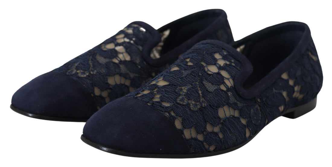 Dolce & Gabbana Blue Floral Lace Slip Ons Loafers Flats Shoes - Whispers Of Wisdom Clothing