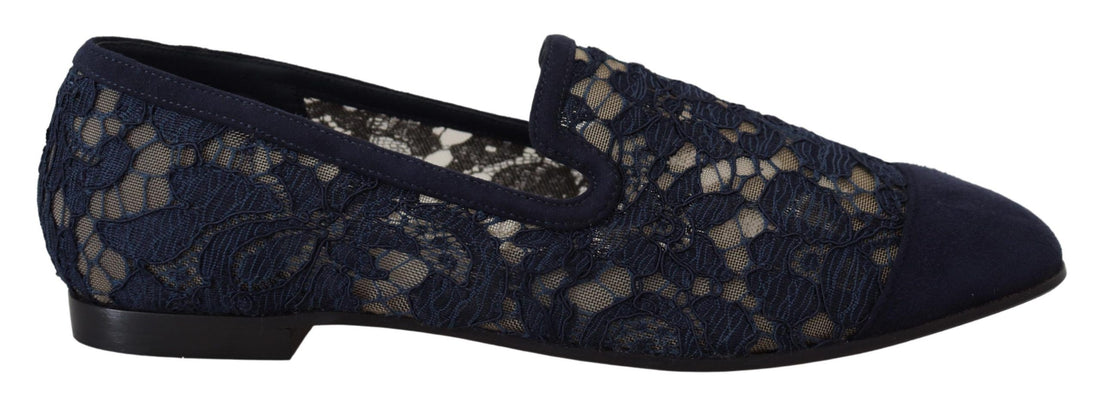 Dolce & Gabbana Blue Floral Lace Slip Ons Loafers Flats Shoes - Whispers Of Wisdom Clothing