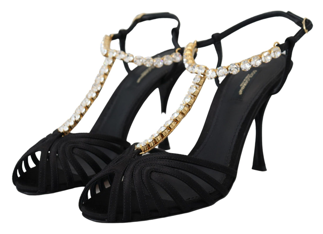 Dolce & Gabbana Black Satin Clear Crystal T-strap Sandal Shoes - Whispers Of Wisdom Clothing