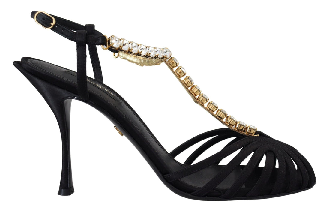 Dolce & Gabbana Black Satin Clear Crystal T-strap Sandal Shoes - Whispers Of Wisdom Clothing